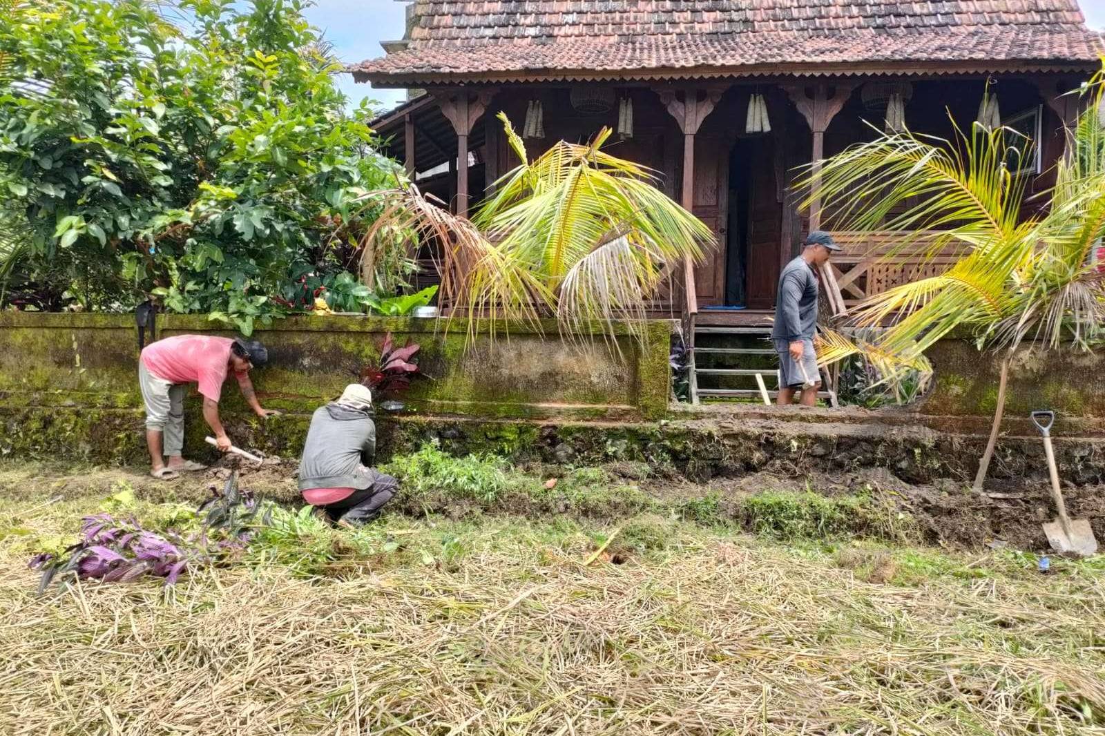 Two people gardening in front of an open timber pavilion surrounded by tropical planting