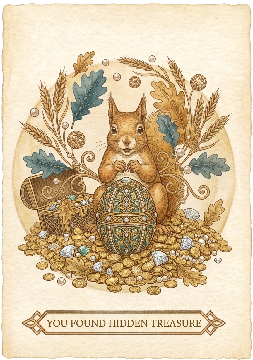 A red squirrel sitting on a hoard of gold coins, pearls and gems, holding a jewelled egg, framed by oak leaves and wheat under a banner reading You Found Hidden Treasure