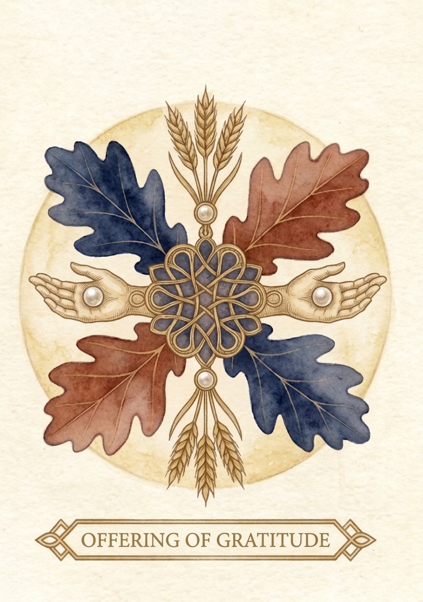 Offering of Gratitude: two open hands holding pearls, ringed by oak leaves and wheat around a golden knot