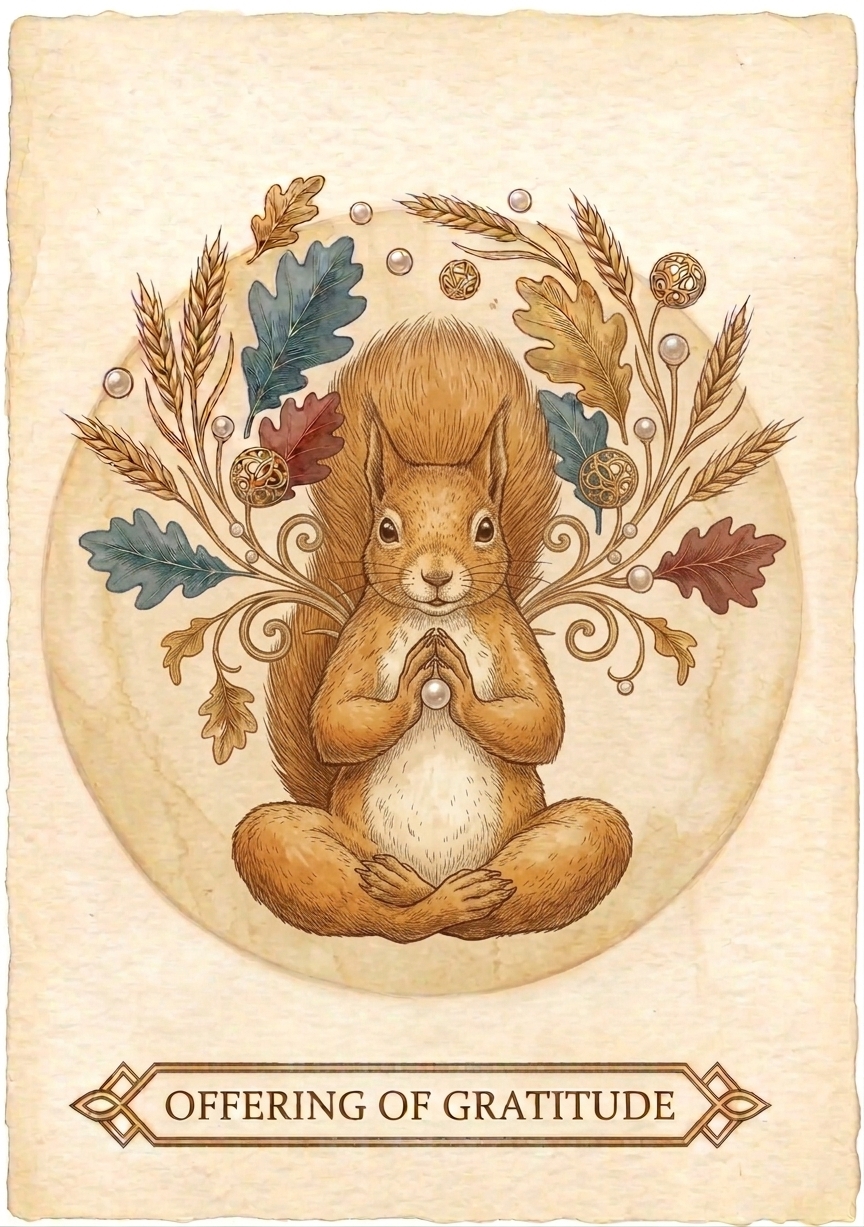 An illustrated red squirrel sitting cross-legged with its paws pressed together in thanks, holding a single pearl, framed by wheat ears, oak leaves and scattered pearls on aged paper, beneath a banner reading Offering of Gratitude.