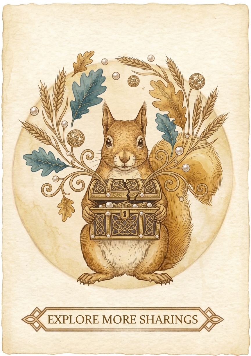 A red squirrel standing upright holding a carved treasure chest, framed by oak leaves and wheat under a banner reading Explore More Sharings