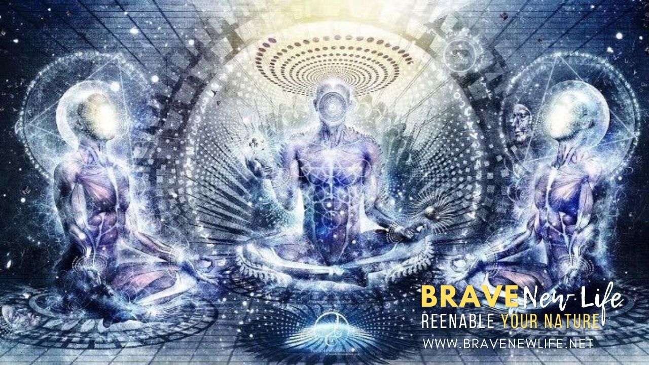 Visionary artwork of luminous meditating figures within a radiant mandala, carrying the Brave New Life wordmark.