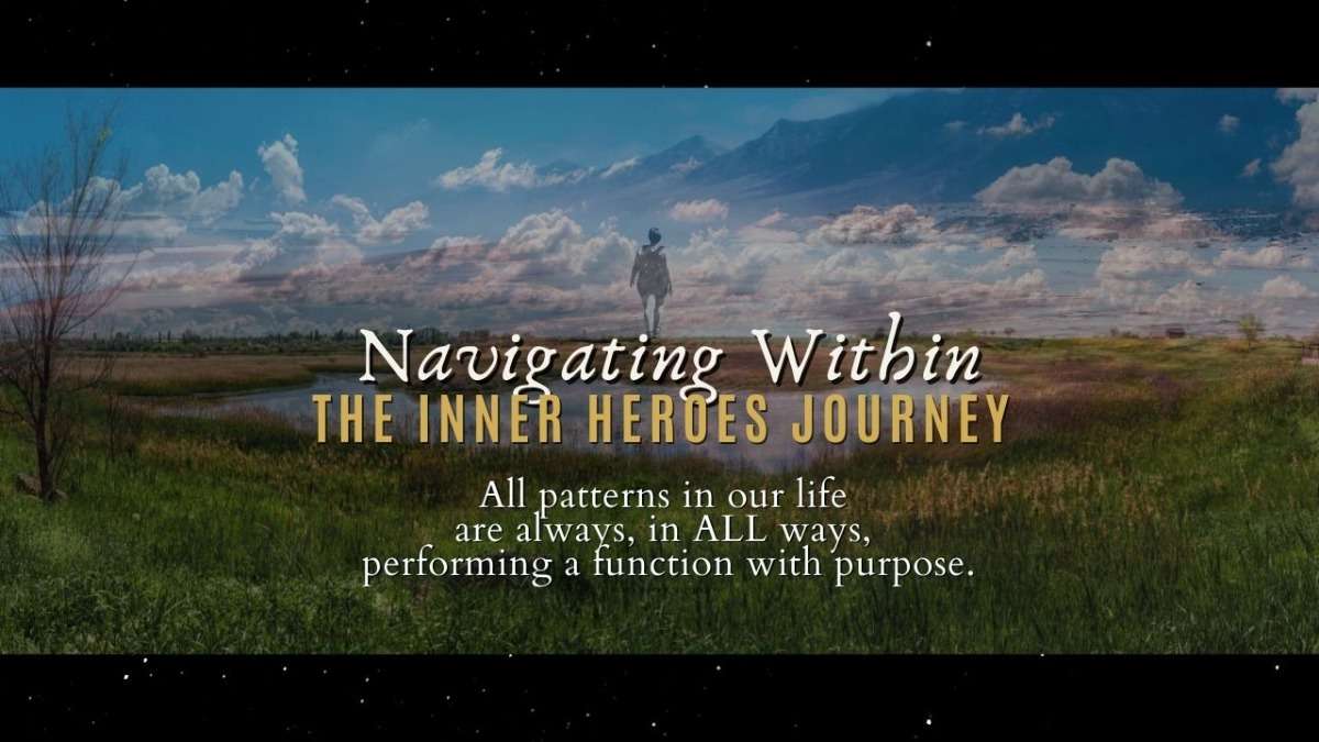 Navigating Within, The Inner Heroes Journey banner over a green field with a lone figure under a wide sky
