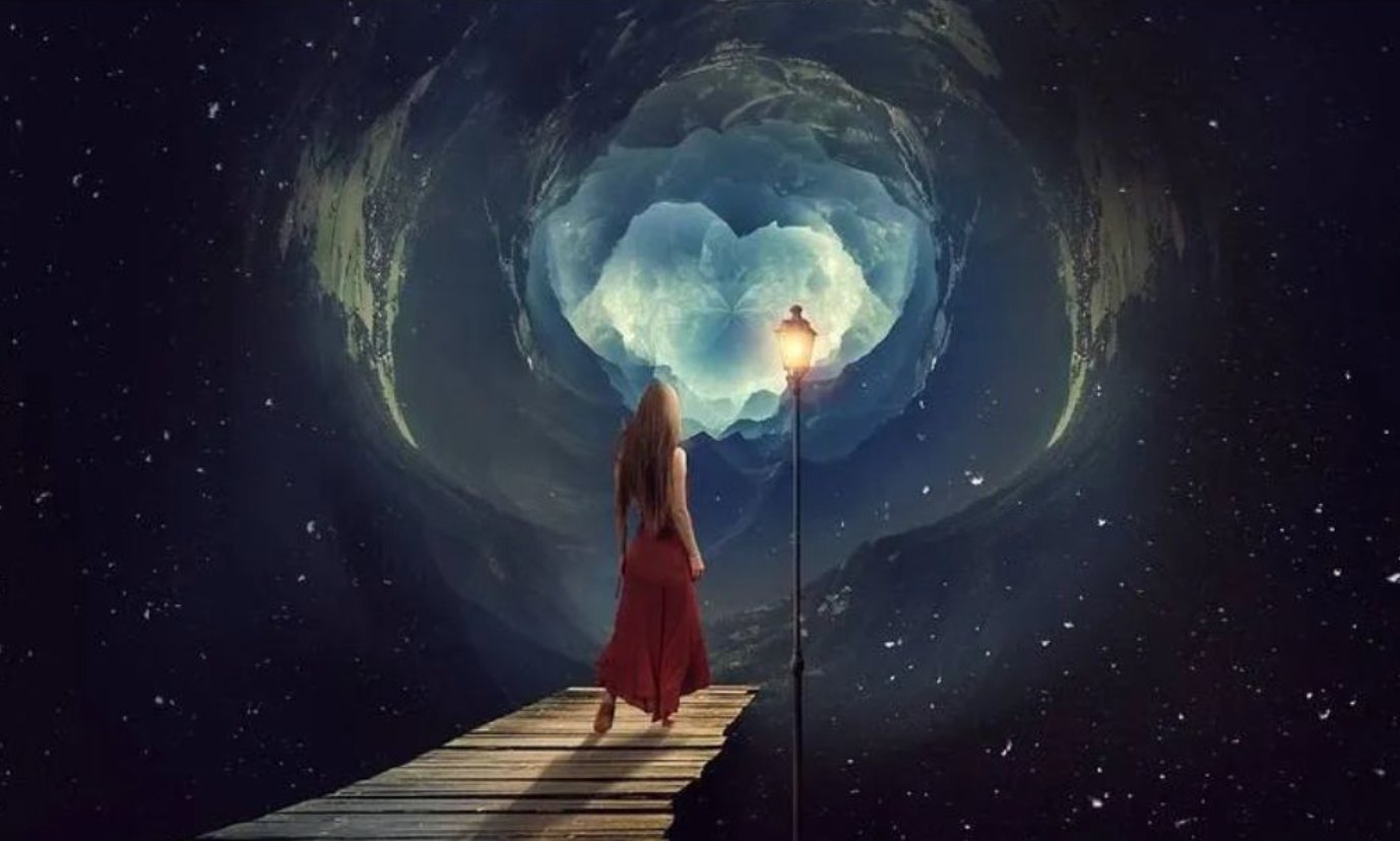 A woman in a red dress walks a wooden jetty toward a glowing heart-shaped portal opening in a starlit night sky